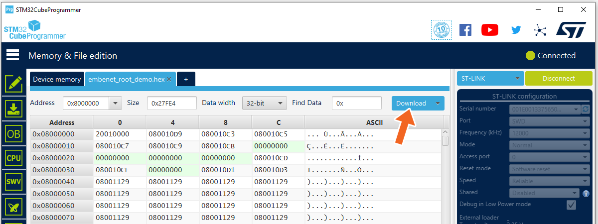 STM32CubeProgrammer: downloading the firmware to the board